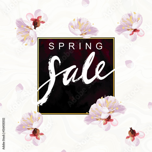 "Spring Sale" hand written lettering. Blossom mood illustration. Flayer vector template. Textured plum tree flowers and petals on marble background. Sabby gold and purple velvet texture.