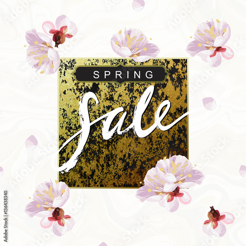 "Spring Sale" hand written lettering. Blossom mood illustration. Flayer vector template. Textured plum tree flowers and petals on marble background. Sabby gold texture.
