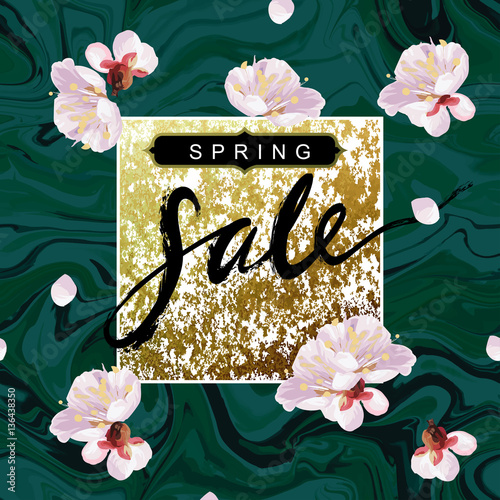 "Spring Sale" hand written lettering. Blossom mood illustration. Flayer vector template. Textured plum tree flowers and petals on marble background. Sabby gold and green "emerald" velvet texture.