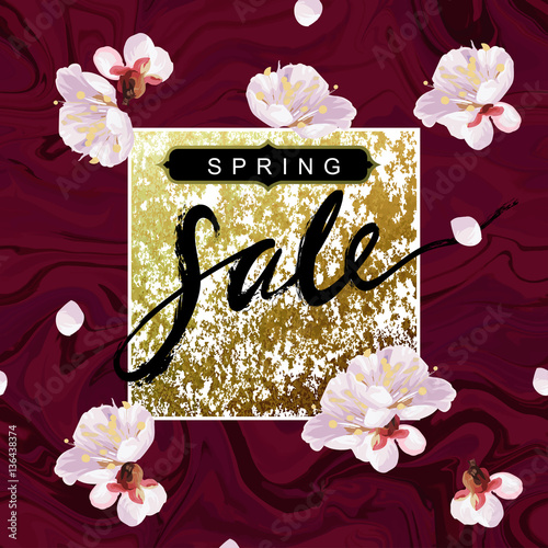 "Spring Sale" hand written lettering. Blossom mood illustration. Flayer vector template. Textured plum tree flowers and petals on marble background. Sabby gold and purple velvet texture.
