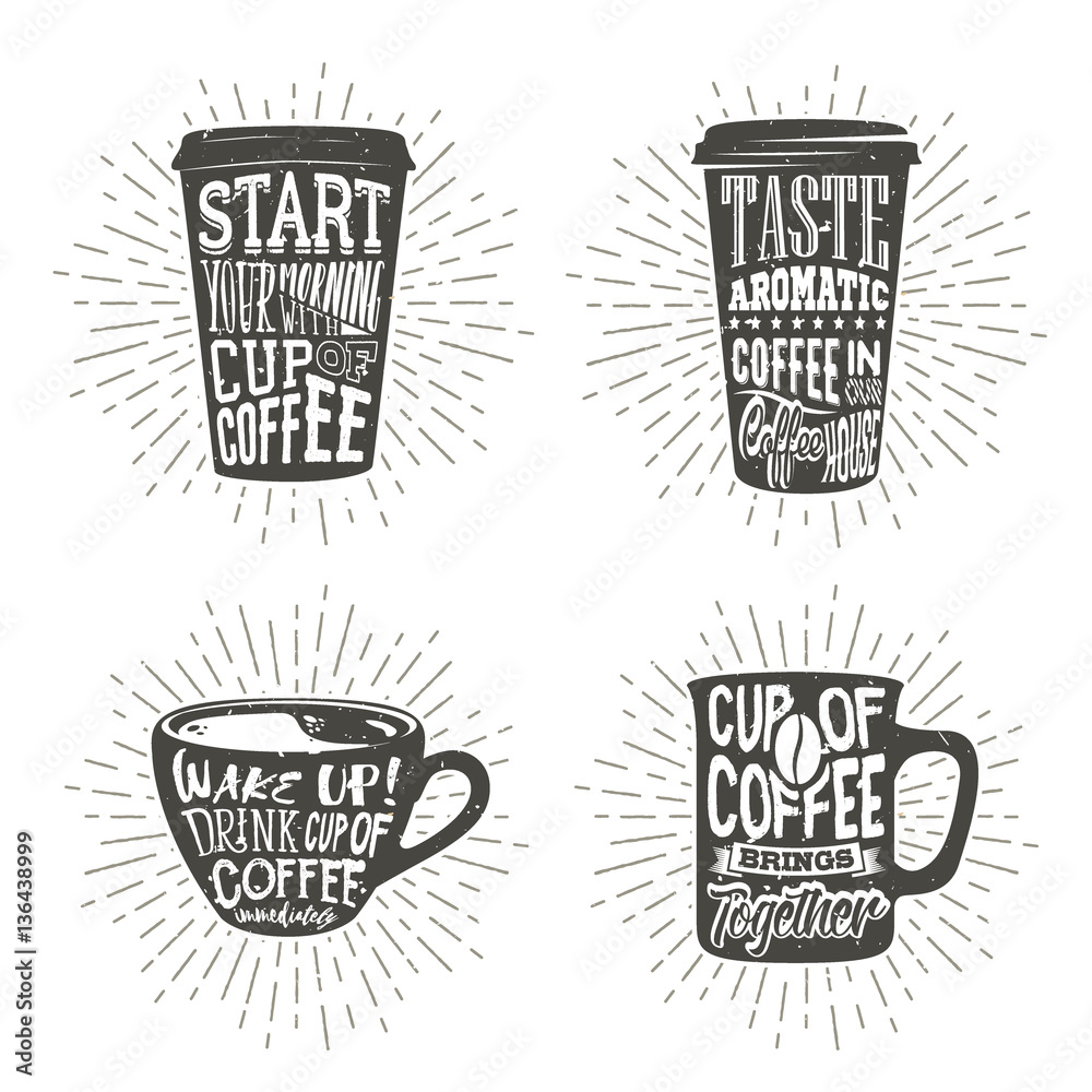 Obraz premium Set of cups silhouette with lettering and sunburst. Creative vector illustration with phrases about coffee. Typography design used for poster, card, banner, advertising cafe or shop.