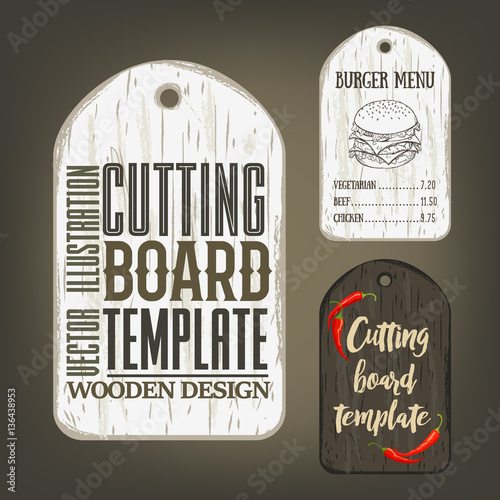 Hand drawn cutting board mockup with usage examples. Vector illustration with old textured plank used as mockup for label, logo, card, poster, advertising bar or pizzeria menu.