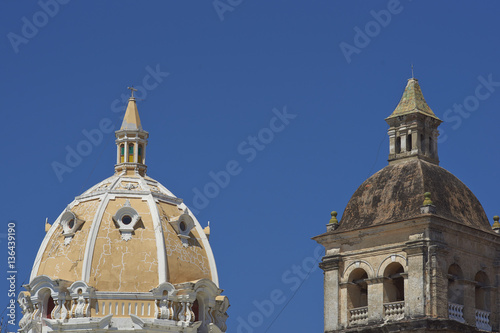 Tower and dome of the historic Iglesia de San Pedro Claver in the Spanish colonial city of Cartagena in Colombia. photo