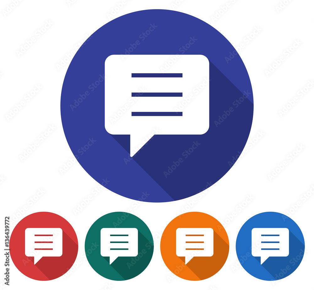 Round icon of speech bubble. Flat style illustration with long shadow in five variants background color Round icon of speech bubble. Flat style illustration with long shadow in five variants background color