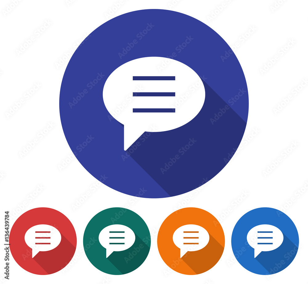 Round icon of elliptical speech bubble. Flat style illustration with long shadow in five variants background color Round icon of elliptical speech bubble. Flat style illustration with long shadow in five variants background color