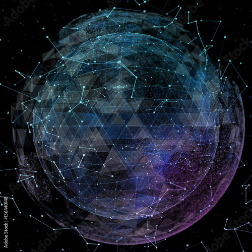 3D illuminated distorted sphere of glowing particles and wireframe. Technology digital splash or explosion concept