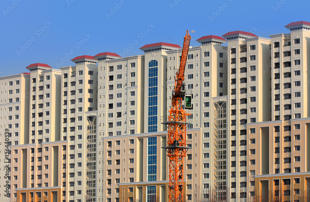 Fototapeta premium Tall apartment building construction in Hyderabad, India