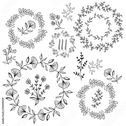 Collection of hand drawn wreaths, flowers, herbs and branches. Ink vector illustration. Isolated.
