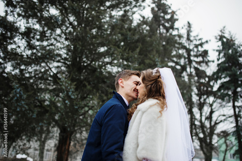 Stylish wedding couple at winter day background pinewood.