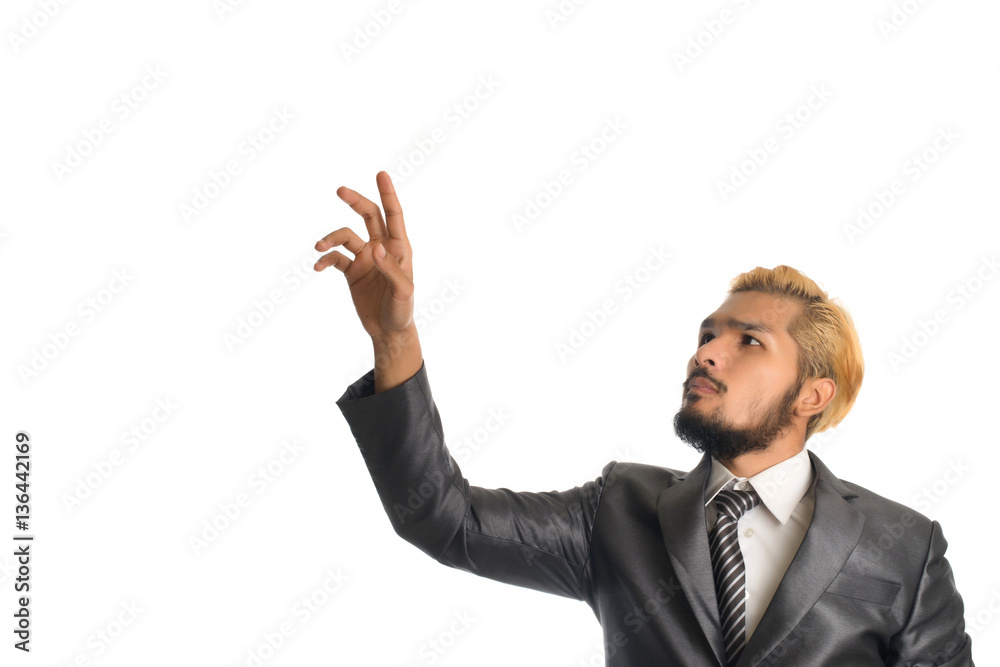Handsome businessman pointing something isolated on white. Handsome businessman pointing something isolated on white.