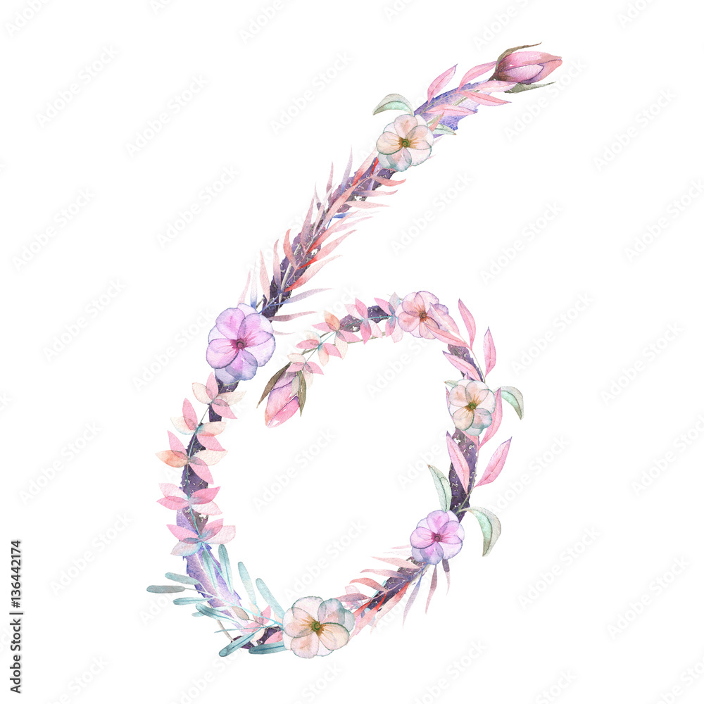 Number ''6'' of watercolor pink and purple flowers, isolated hand drawn on a white background, wedding design, festive and wedding decor and cards