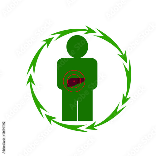Vector illustration. The emblem, logo. The human liver is in danger. Healthy lifestyle. Human. Seven in a circle of arrows. Different colors.