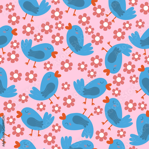 Birds. Seamless pattern with cute little birds and flowers