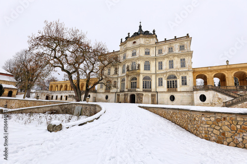 Ploskovice castle with leafless trees in the winter