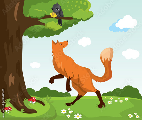 Red fox and crow with cheese. Funny characters. 