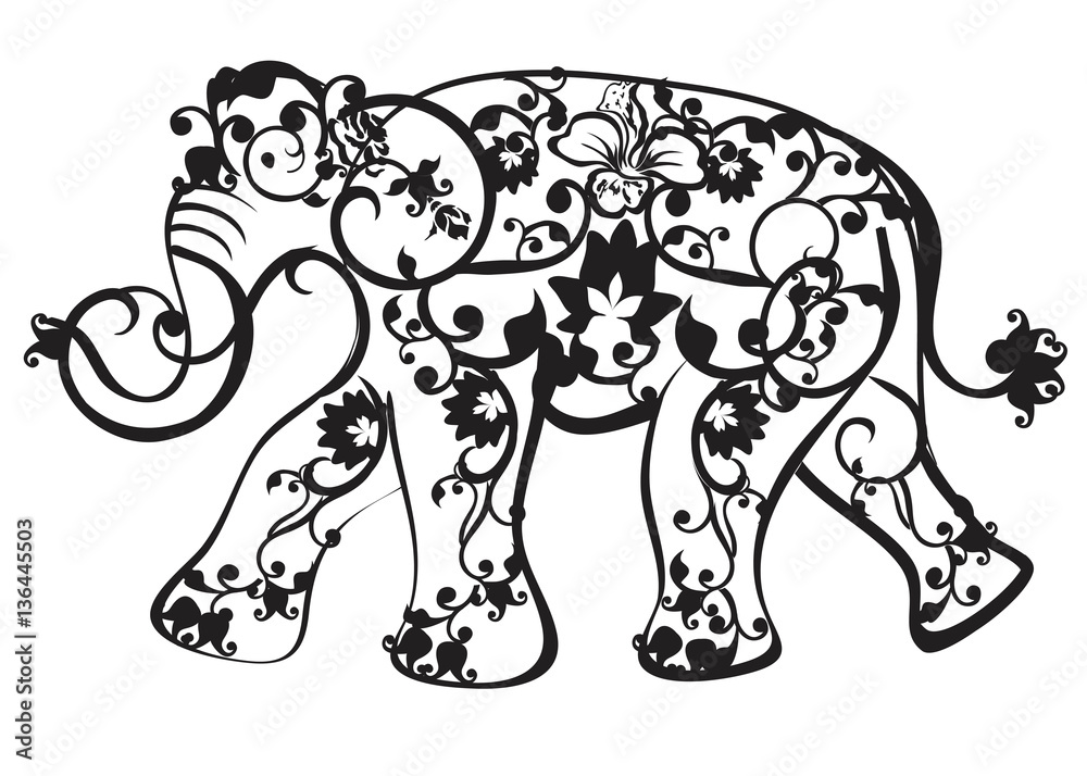 Hand drawn pattern Elephant. Vintage graphic vector animal. Adult coloring book.