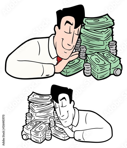 Man with stacks of bills and coins, hugging his stash of cash.
