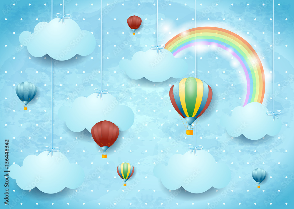 Surreal cloudscape with hot air balloons and rainbow Surreal cloudscape with hot air balloons and rainbow