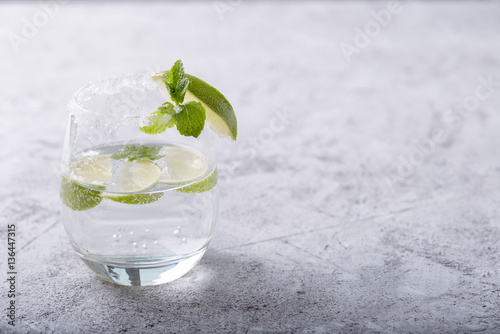 Glass of water with lime and mint.