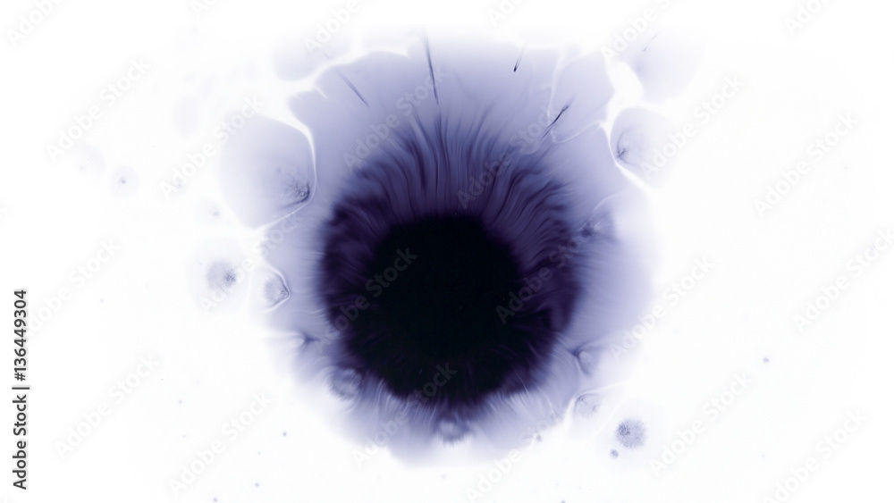 Naklejka premium Beautiful watercolor ink drops on white paper, paint bleed Bloom, with black circle organic flow expanding, splatter spreading on clear background. Perfect for motion graphics, digital composition