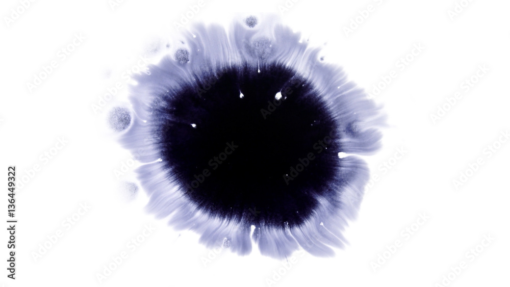 Naklejka premium Beautiful watercolor ink drops on white paper, paint bleed Bloom, with black circle organic flow expanding, splatter spreading on clear background. Perfect for motion graphics, digital composition