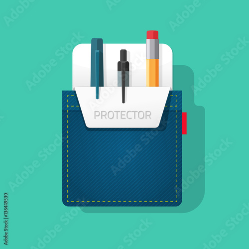 Pocket protector vector illustration, flat style jeans shirt pocket with pen and pencils, tools