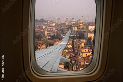 view from an airplane window on the Citta Alta in Bergamo