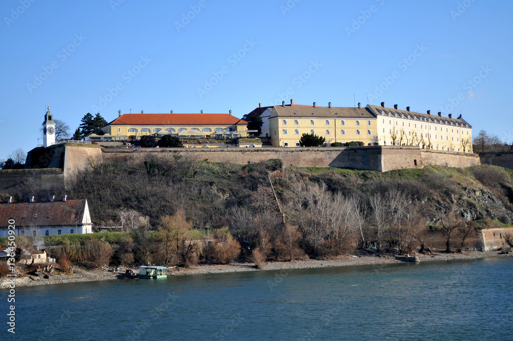 The view from Varadin bridge on the international river the Danube and the fortress which is made in the 1780 year, on the coast of capital city of province Vojvodina Novi Sad, Serbia