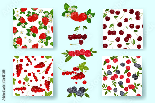 Berries Set Vector Illustration. Strawberry, Blueberry, Cherry, Raspberry, Red currant. EPS 10. Vector illustration