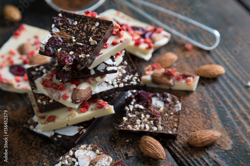 White and dark chocolate with fruits and nuts