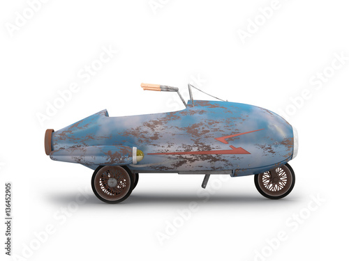  Kids retro car - rocket on wheels. 3D illustration (3D rendering)