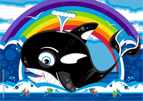 Cute Cartoon Killer Whale and Tropical Fish