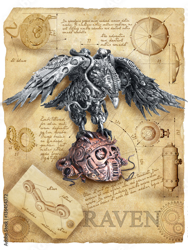 Steampunk Raven mechanical robot skull silent Leonardo da vinci