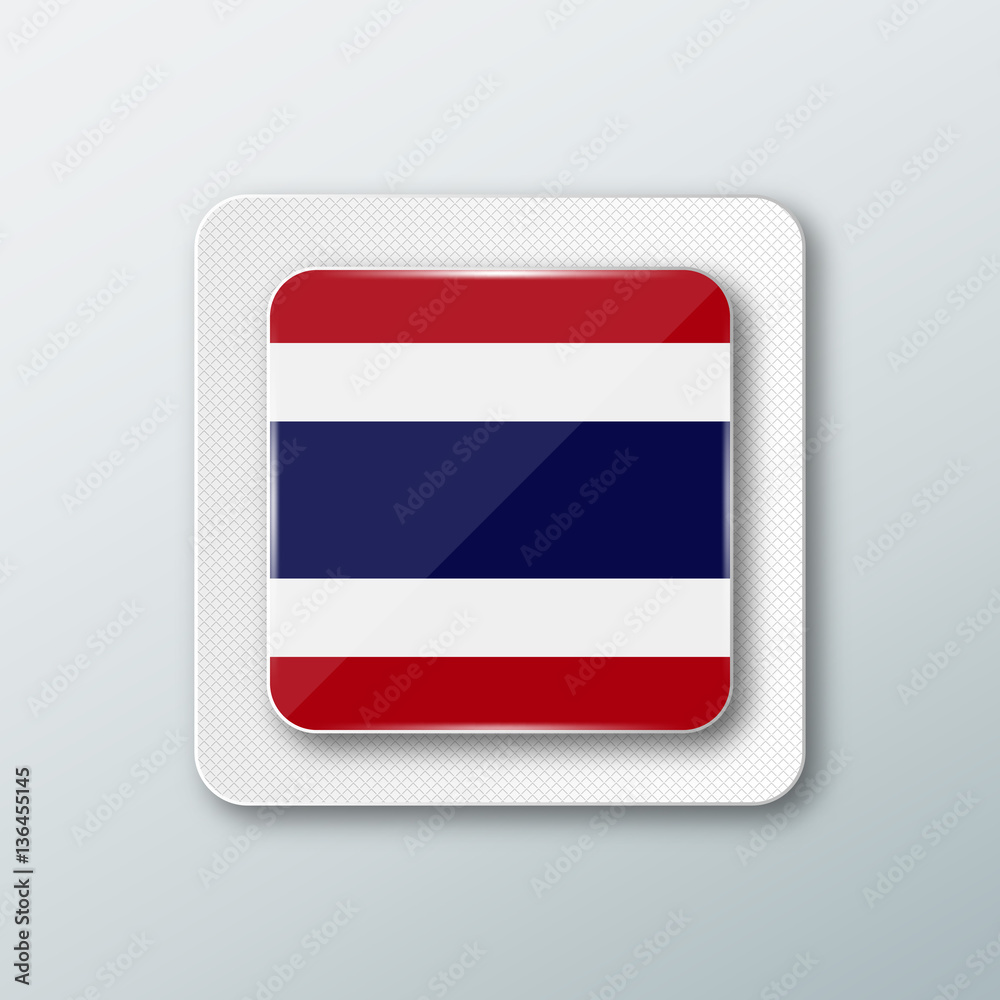 Square button with the national flag of Thailand with the reflection of light. Icon with the main symbol of the country.