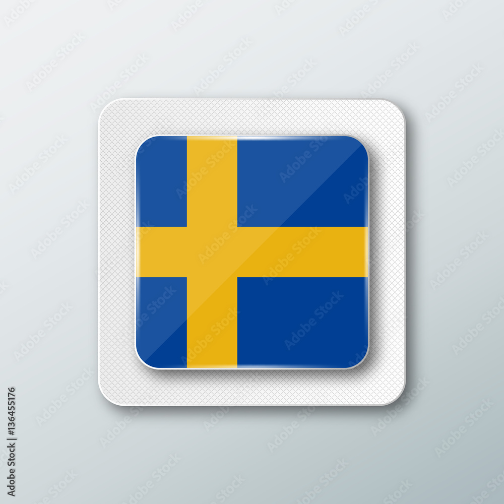 Square button with the national flag of Sweden with the reflection of light. Icon with the main symbol of the country. Square button with the national flag of Sweden with the reflection of light. Icon with the main symbol of the country.