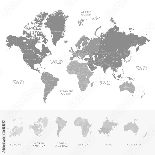 Highly detailed world map continents with labelling of country. Grayscale vector illustration.
