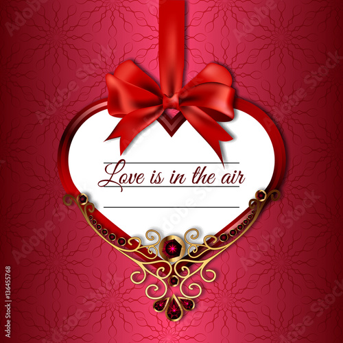 Vector illustration of hanging on satin ribbon bow heart with the words love in the air, decorated with precious stones and gold on a patterned background