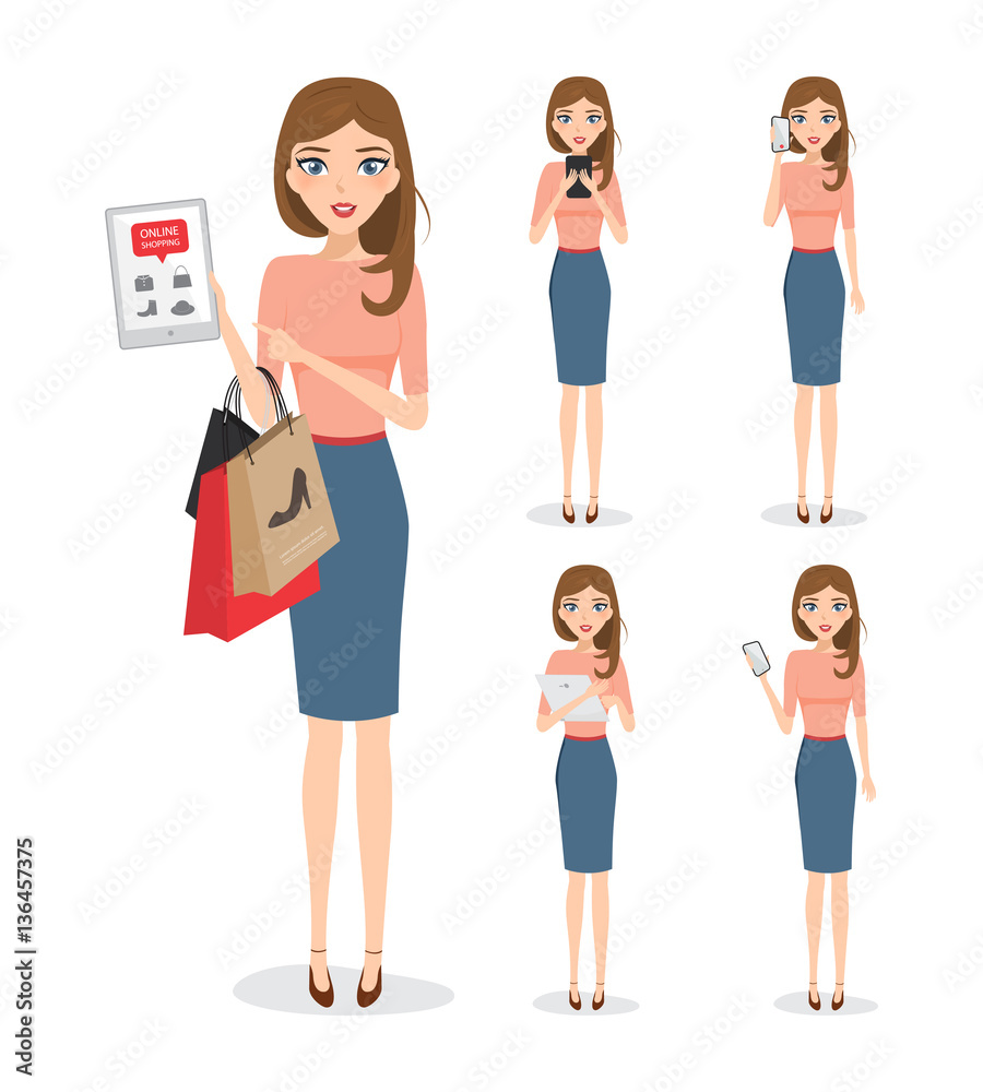 Obraz premium woman shopping online with mobile phone character. people communication technology.