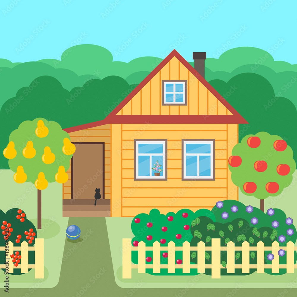 Country or village house and garden around. Vector.