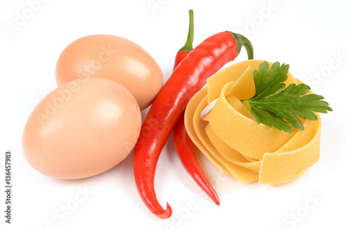 Eggs, chili and pasta