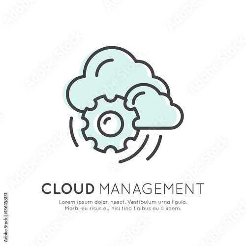 Vector Icon Style Illustration of Cloud Computing Technology, Hosting, Cloud Management, Data Security, Server Storage, Api, Mobile and Desktop Memory, Isolated Web Design Icon