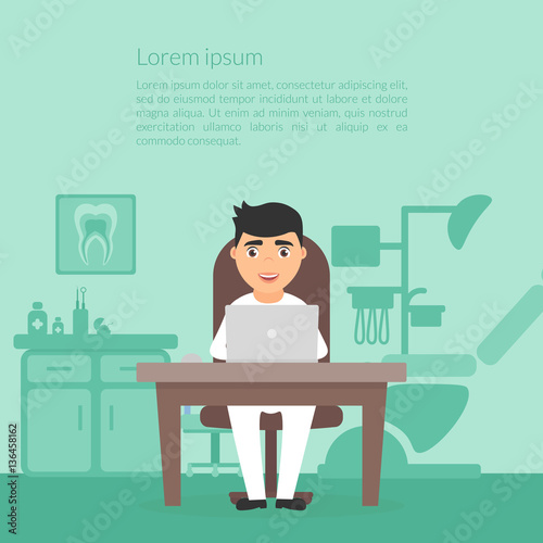 Cute cartoon character doctor dentist. Dental office. Dentistry clinic. Workplace, computer, profession medic male. Medical illustration in flat design vector.