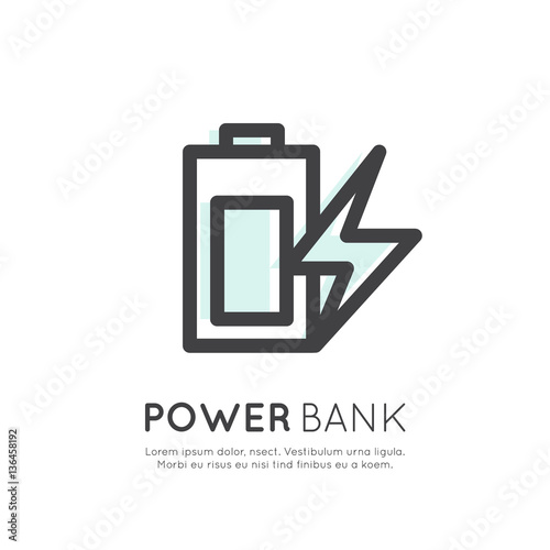 Web Template Power Bank Battery Phone Charger Battery, Minimalistic Vector Flat Line Outline Stroke Icon Pictogram Symbol