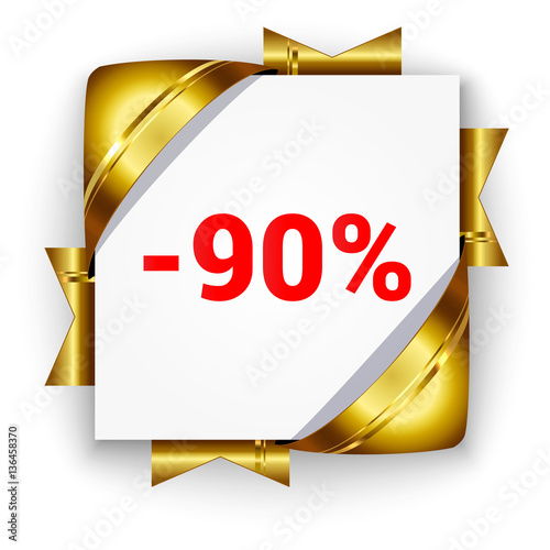 Golden 3d discount banner. White square background tied with rib