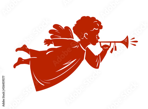 Silhouette Christmas Angel blowing a trumpet. Cherub, Heavenly messenger symbol. Religion vector illustration