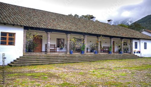 View of a section of an old colonial hostel hacienda, on the outskirts of the city of Ibarra, Ecuador.