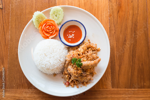 Thai food, Fried garlic mix with pork serve with rice