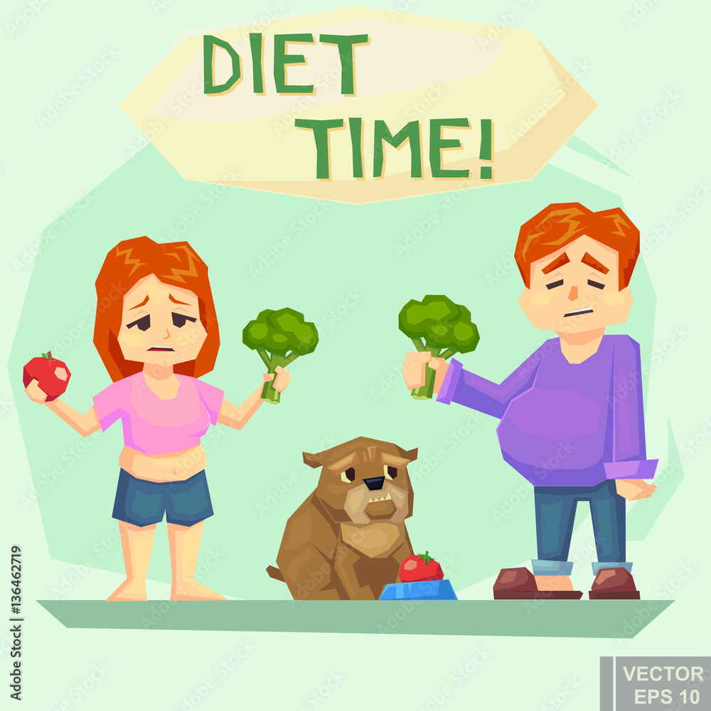 Diet concept. funny illustration of a boy man woman girl dog family who  tries hard eat healthy food funny cartoon Vector illustration. Stock Vector  | Adobe Stock