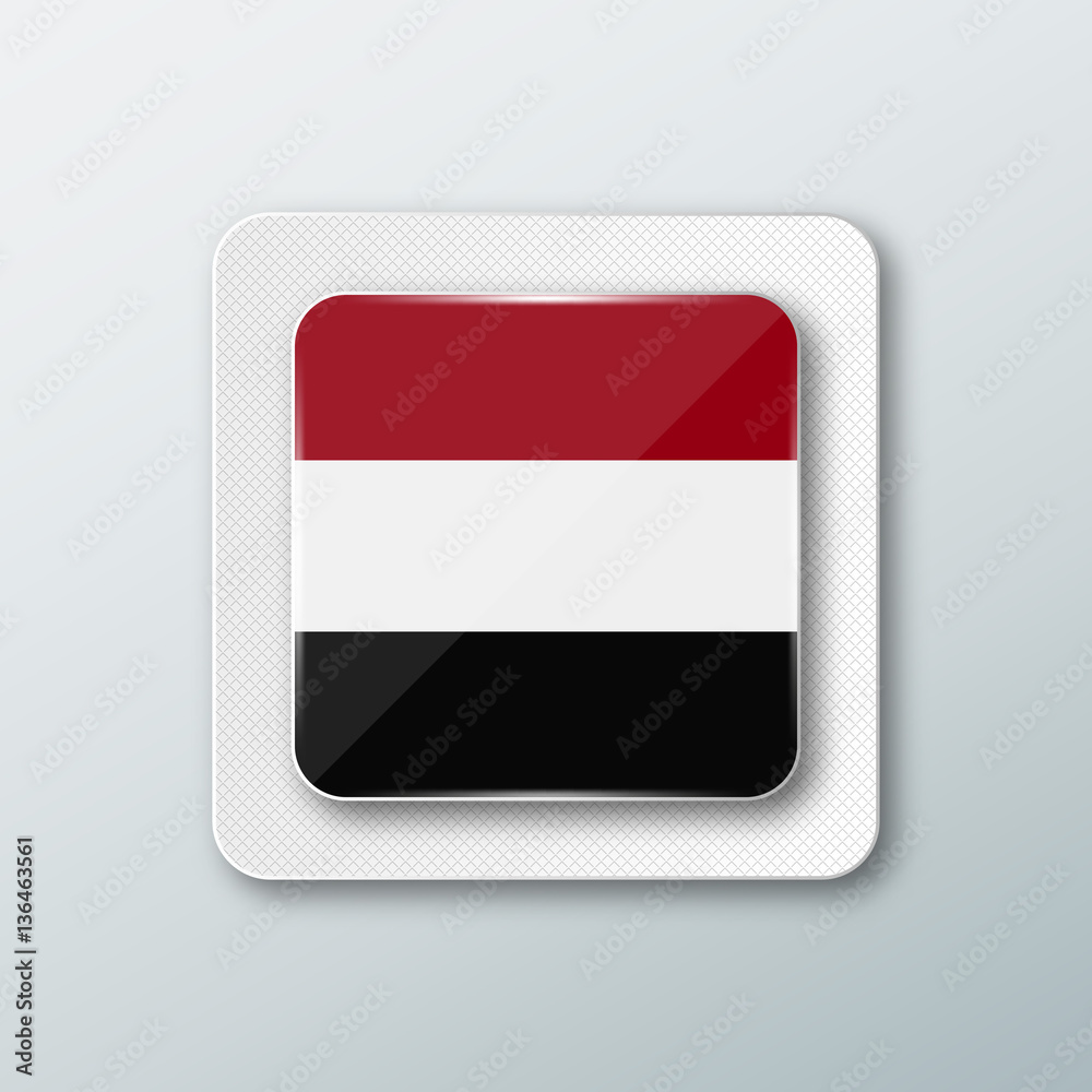 Square button with the national flag of Yemen with the reflection of light. Icon with the main symbol of the country. Square button with the national flag of Yemen with the reflection of light. Icon with the main symbol of the country.