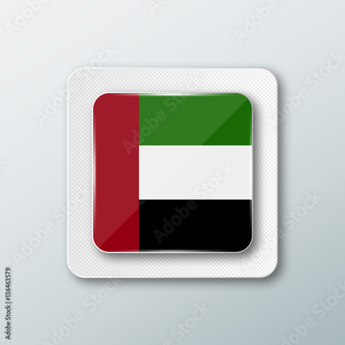 Square button with the national flag of United arab Emirates with the reflection of light. Icon with the main symbol of the country.